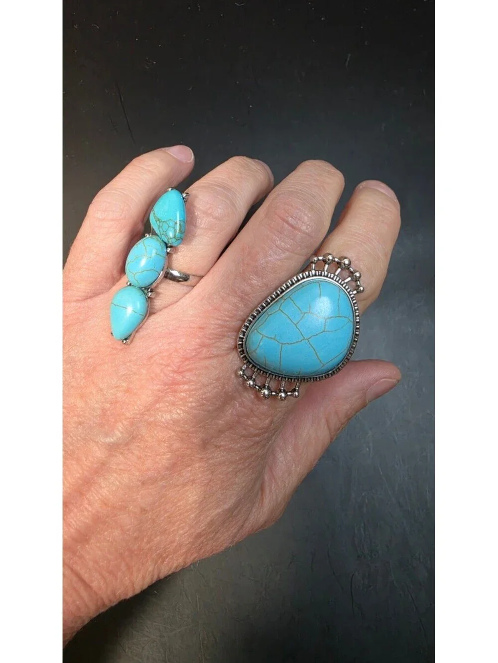 Set of 2 Adjustable Turquoise Bohemian Rings with 18k Gold Plating, Size 8